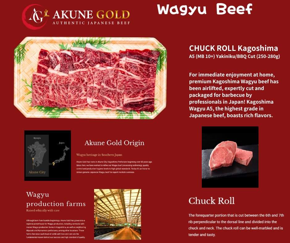 CHUCK ROLL Kagoshima A5 (MB 10+) Yakiniku/BBQ Cut (250-280g) 鹿児島和牛A5‐焼肉/BBQカット - 特上肩ロース